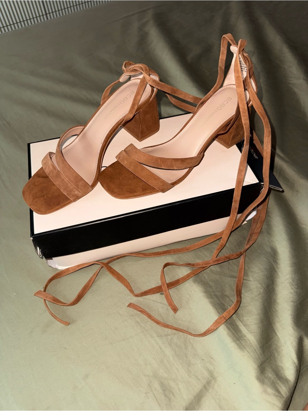BCBGeneration Tan Suede Lace-Up Block Heel Sandals